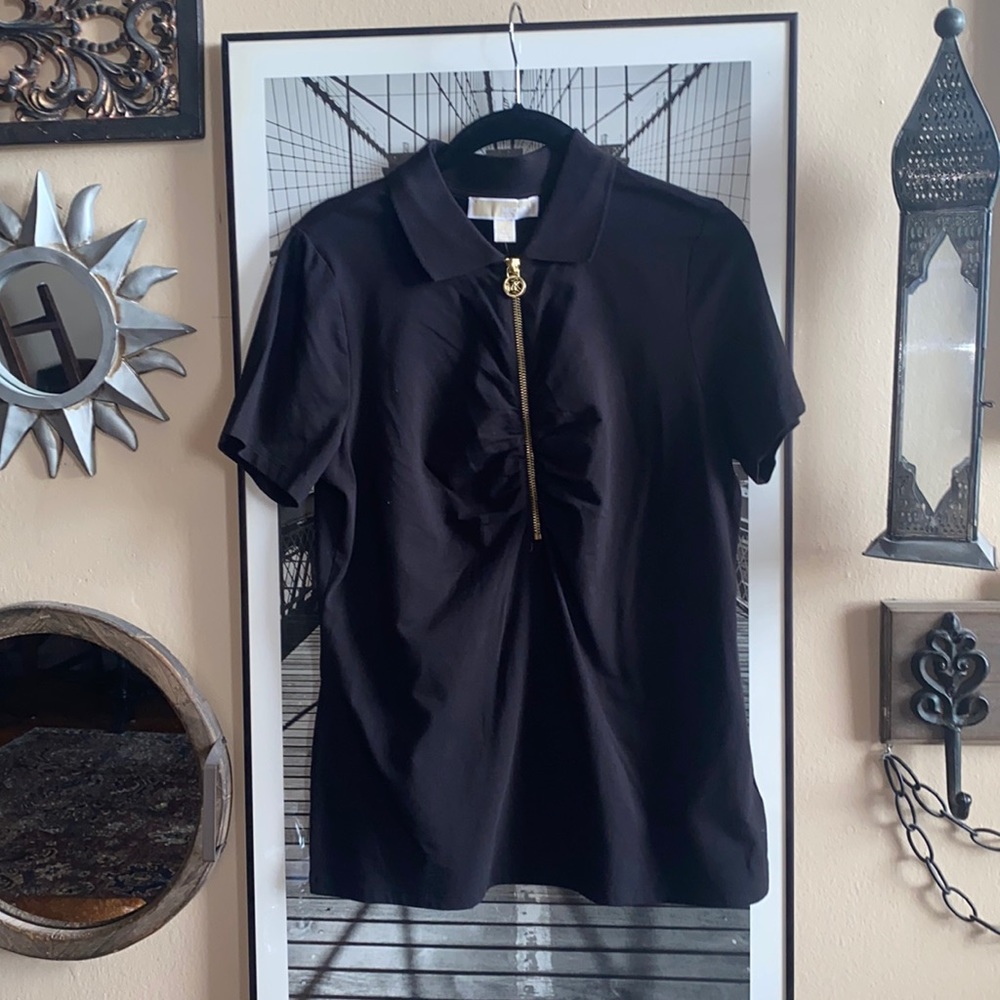 Michael Kors, med cotton pull over blk cinched gold zipper and arm